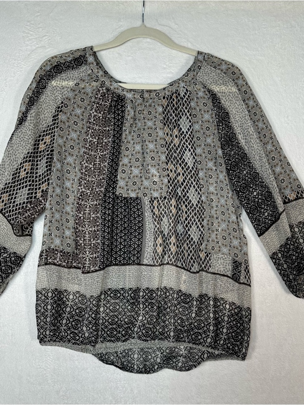 Olive Hill‎ Blouse M Floral Paisley Patchwork Boho Bell Sleeve Top